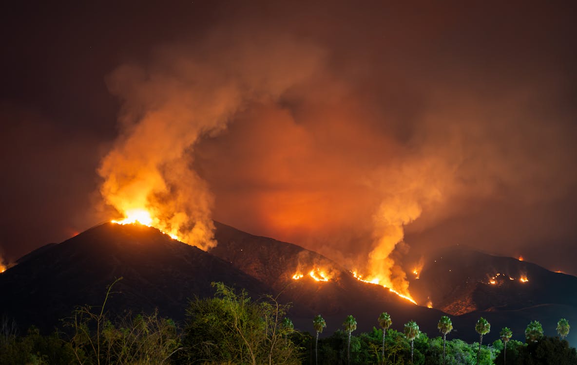 California wildfire at night - hillside ablaze